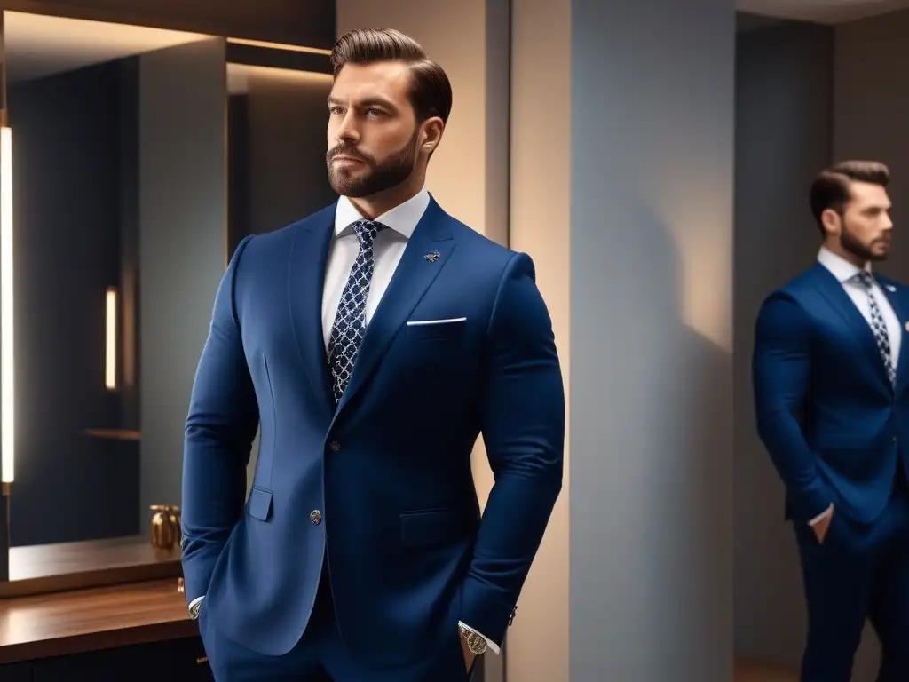 Empoderamiento en el espejo: hombre de talla grande en traje azul ajustando gemelos Un hombre de talla grande seguro y elegante en traje azul marino ajustando gemelos frente al espejo, reflejando empoderamiento
