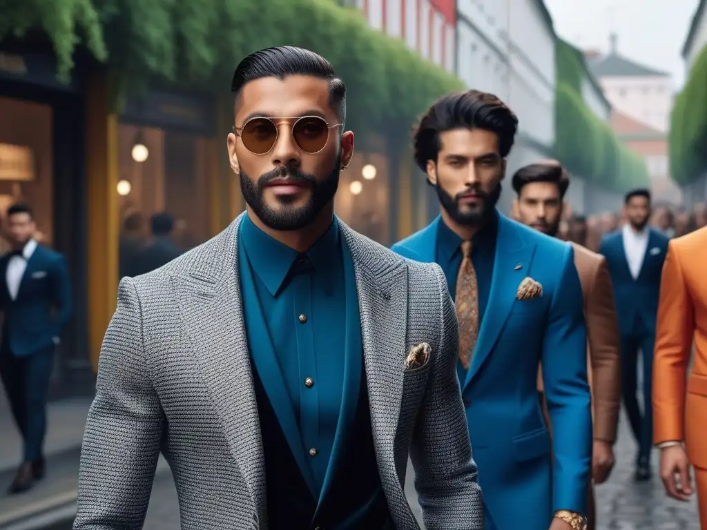 Moda masculina inclusiva: Estilos diversos en la ciudad Hombres de diferentes culturas caminan seguros y sonrientes por la ciudad, luciendo moda masculina inclusiva