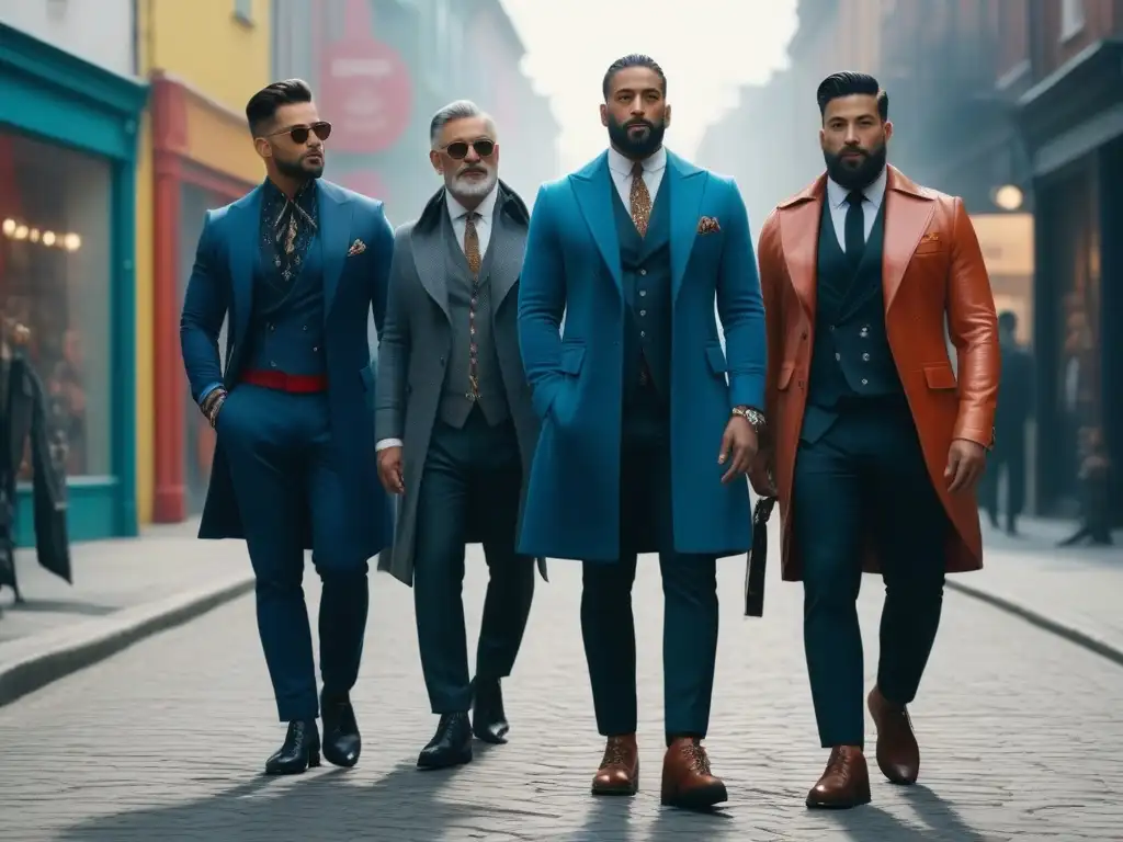 Moda masculina inclusiva: diversidad y estilo en la ciudad Hombres diversos y elegantes caminan con confianza por la ciudad luciendo moda masculina inclusiva que celebra la diversidad y el estilo