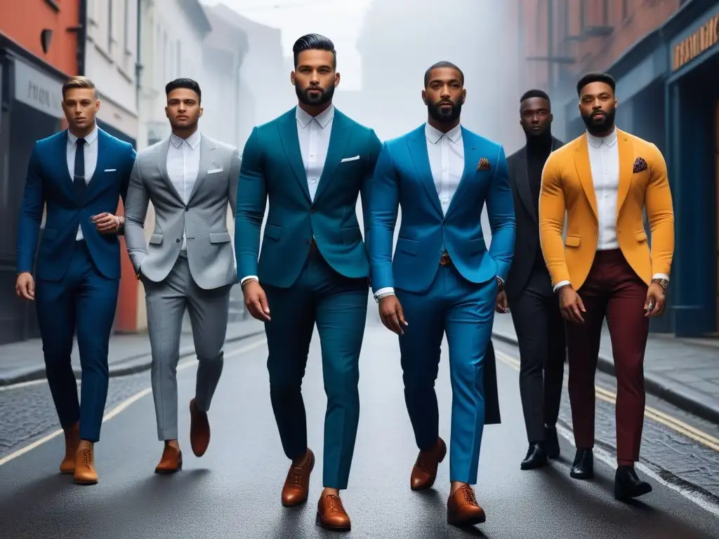 Moda masculina inclusiva: hombres seguros con estilo en la ciudad Varios hombres petite con estilo y confianza modelando ropa inclusiva en un escenario urbano moderno