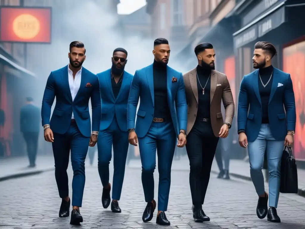 Moda masculina diversa y urbana: hombres con estilo propio en la ciudad Hombres con estilos únicos caminan por la ciudad, fusionando moda clásica y moderna
