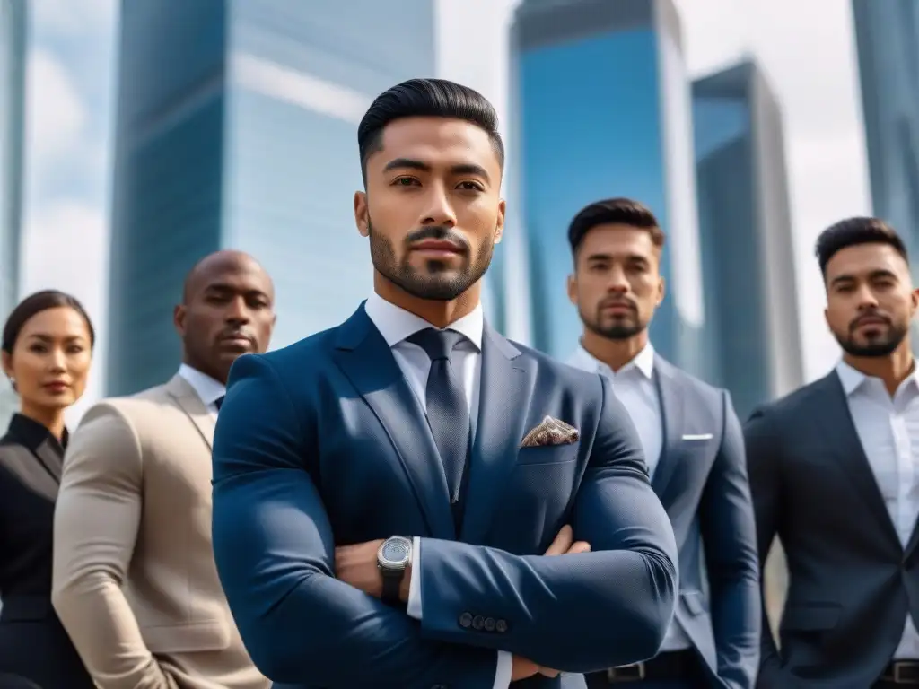 Profesionales diversos en ciudad moderna Cuatro hombres profesionales diversos y seguros en atuendos modernos en una ciudad urbana