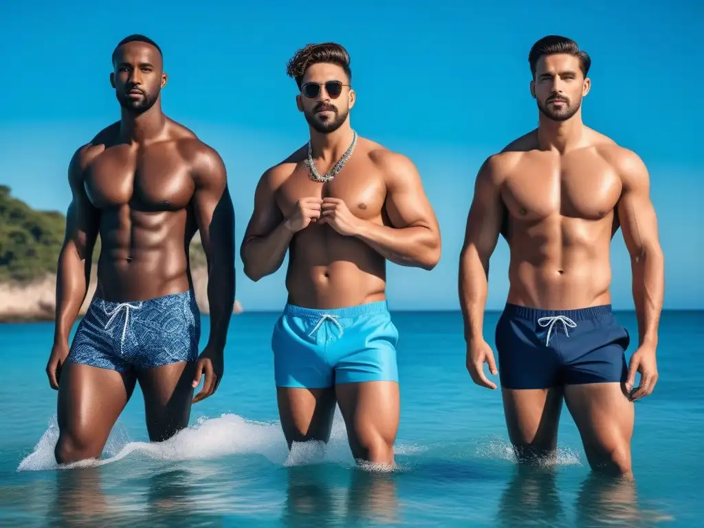Estilo único: hombres seguros en trajes de baño diversos Hombres seguros luciendo trajes de baño que se adaptan a su cuerpo en la playa