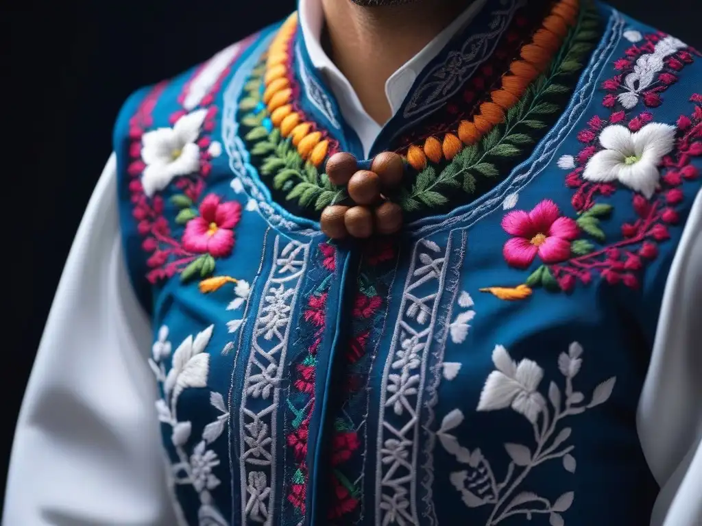 Huipil mexicano bordado: colores vibrantes y detalles exquisitos Un huipil mexicano bordado se exhibe bajo una suave iluminación, resaltando colores vibrantes y detalles intrincados en un elegante marco blanco