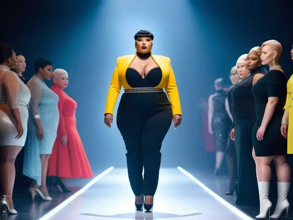 Pasarela de moda plussize: iconos desafiantes y poderosos Iconos plus size moda diversidad desfilan con estilo y poder en pasarela de alta moda futurista