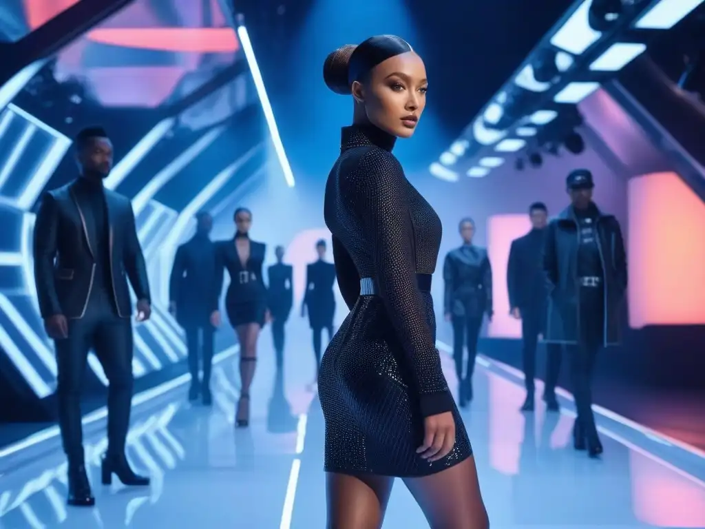 Desfile futurista de moda petite con estilo y personalidad Iconos de moda petite inspiradores desfilan con estilo vanguardista en una pasarela futurista iluminada por luces de neón y pantallas digitales