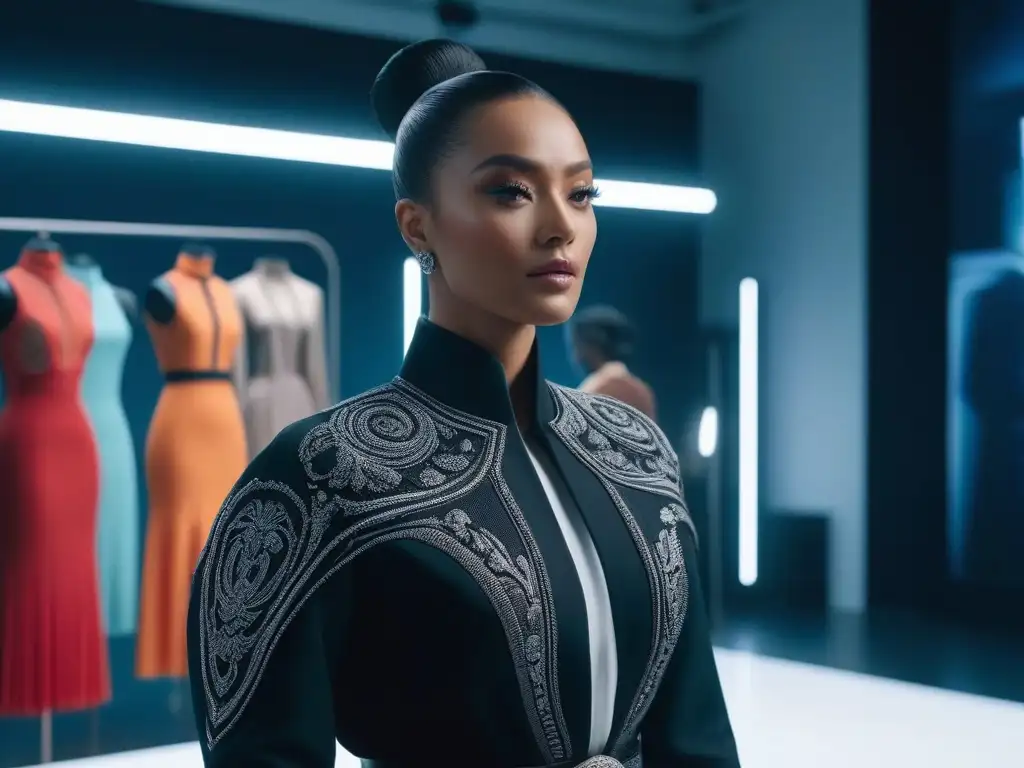 Colaboración inclusiva: moda del futuro 2023 Una ilustración detallada en 8k que muestra diseñadores de moda diversos discutiendo y diseñando tendencias inclusivas en un estudio futurista