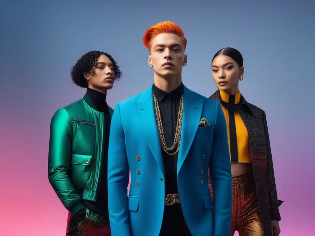 Moda genderfluid: diversidad y estilo en la ciudad del futuro Una ilustración detallada que muestra a un grupo diverso luciendo atuendos genderfluidos en un escenario urbano futurista