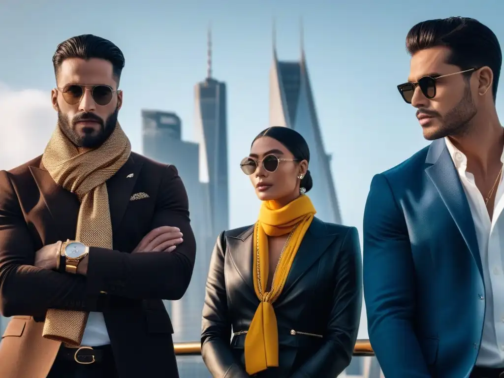 Accesorios de lujo unisex: diversidad y elegancia en la ciudad Una imagen de accesorios de moda unisex inclusivos exhibidos por un grupo diverso en un entorno urbano moderno y sofisticado