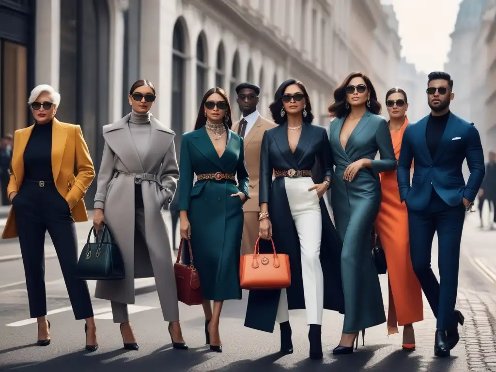 Estilo urbano: diversidad en accesorios de diseño Una imagen de alta resolución con un grupo diverso de personas elegantes mostrando accesorios de diseñador en una calle de ciudad moderna