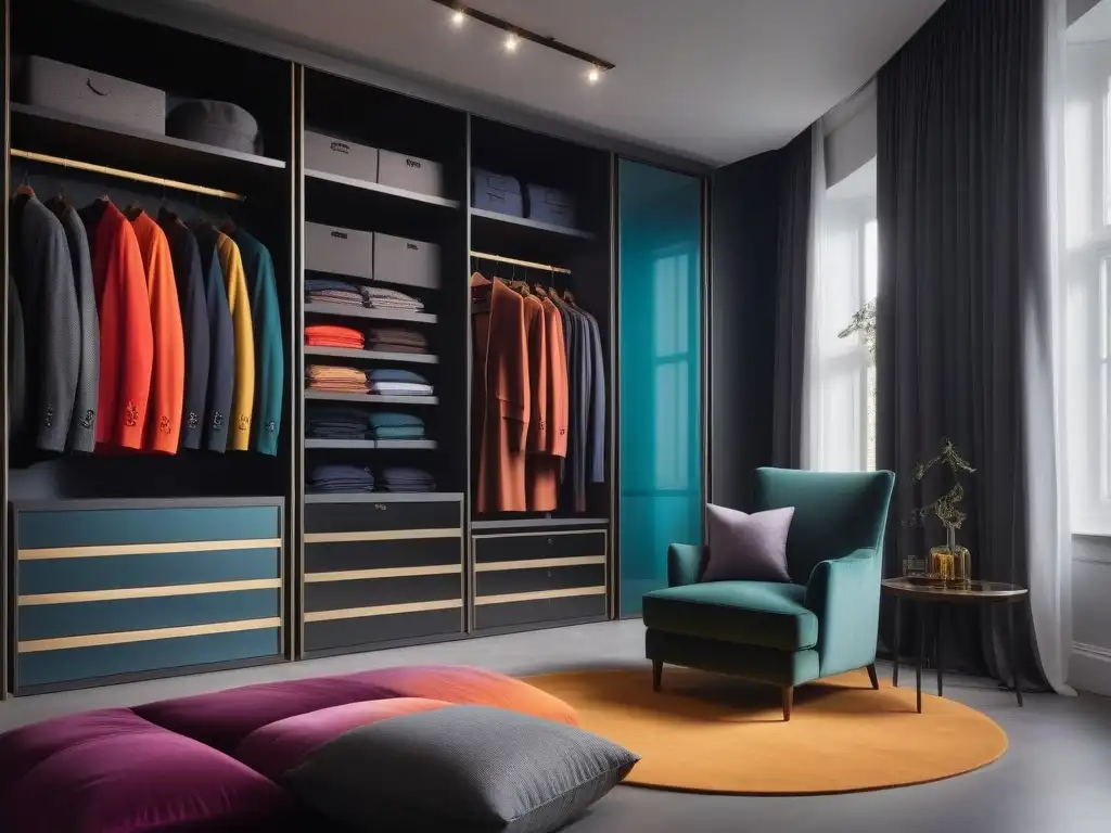 Armario de moda: psicología del color en prendas variadas Una imagen de un armario moderno lleno de prendas de colores, organizadas con elegancia para mostrar la psicología del color en moda