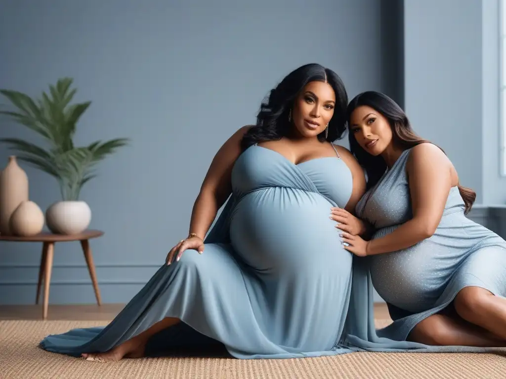 Maternidad moderna: mujeres diversas lucen con estilo y confianza Una imagen cautivadora de mujeres embarazadas de diversas tallas y etnias luciendo moda maternidad tallas especiales con confianza y estilo en un estudio moderno y elegante