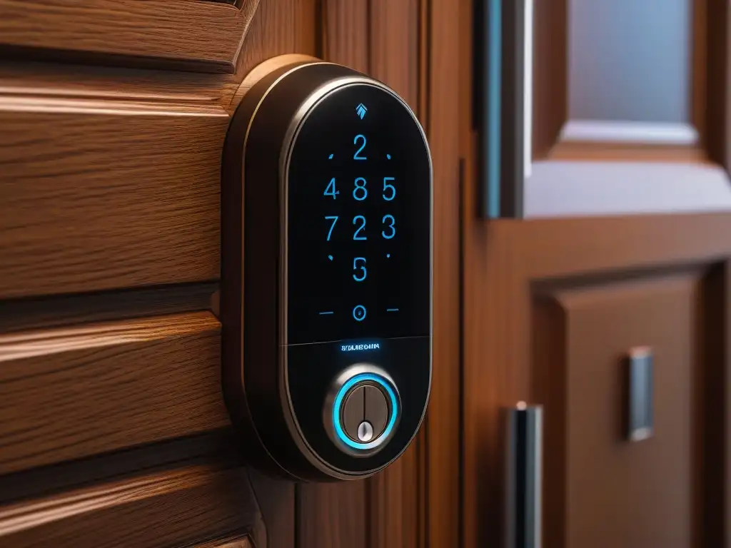 Smart lock de alta tecnología en puerta elegante y moderna La imagen muestra una cerradura inteligente moderna en una puerta contemporánea elegante, fusionando seguridad y estilo en cerraduras