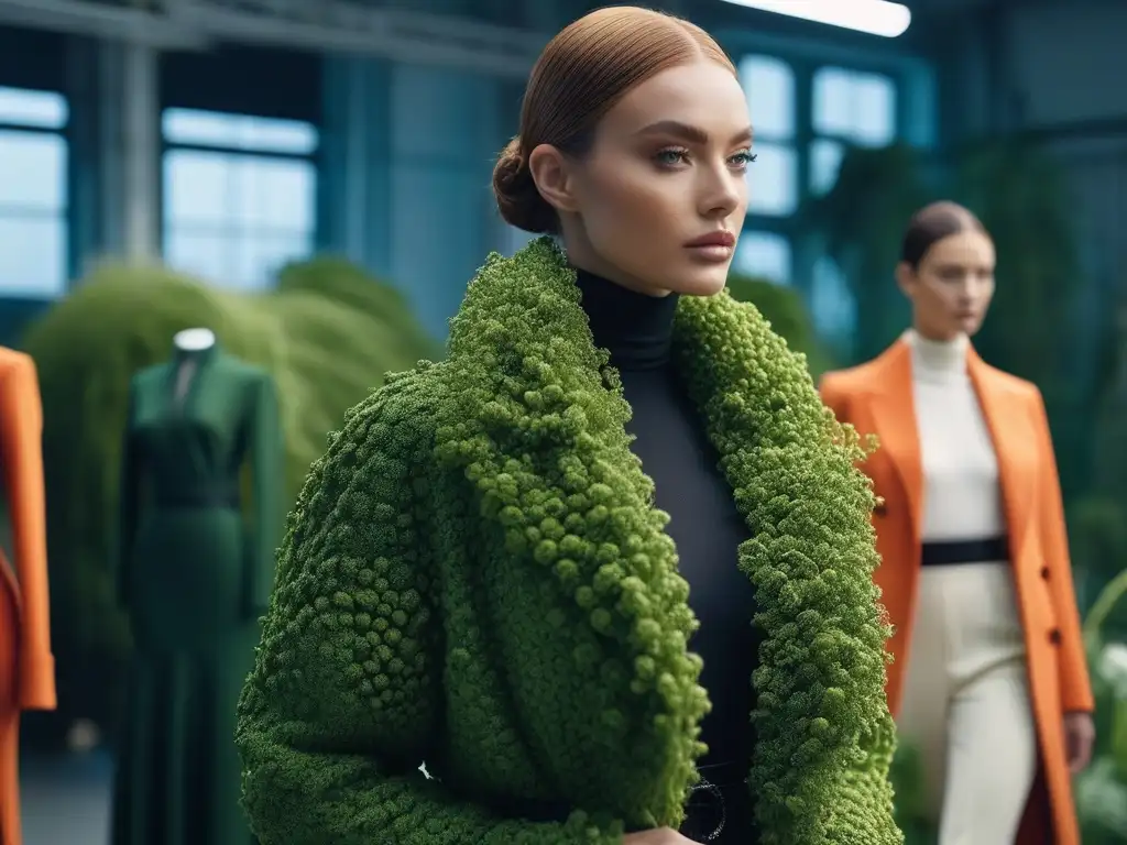 Diseñadores de moda creando piezas sostenibles en estudio futurista Una imagen de colaboraciones entre marcas de moda sostenible en un estudio ecoamigable y futurista, con diseñadores creando piezas innovadoras