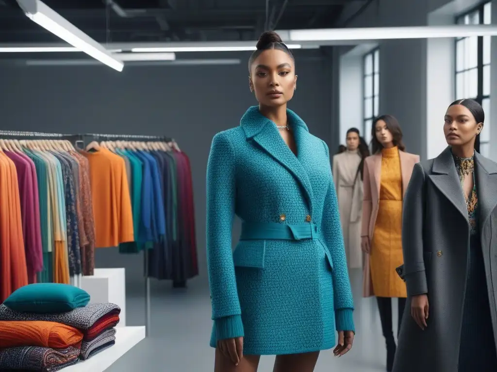 Diseñadores de moda diverso creando juntos en estudio sostenible Una imagen detallada de diseñadores de moda diversos trabajando en equipo en un estudio luminoso, reflejando la producción ética en moda inclusiva