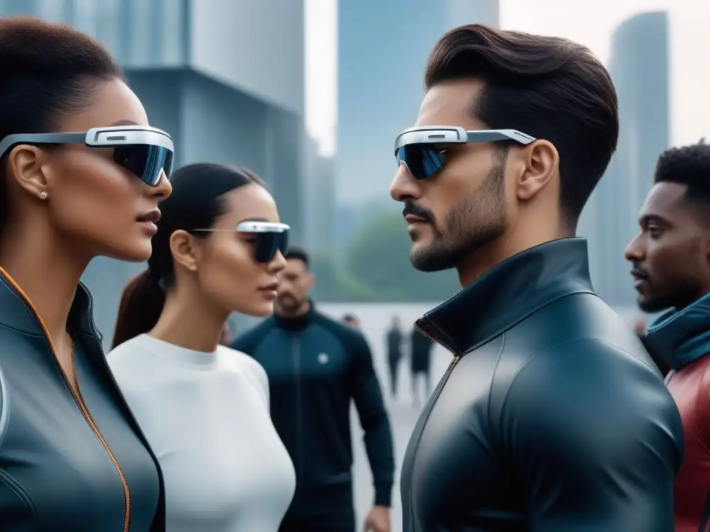 Futuro inclusivo: moda y tecnología premium en sociedad diversa Una imagen detallada de diversidad y tecnología en moda inclusiva con wearables premium en una ciudad futurista