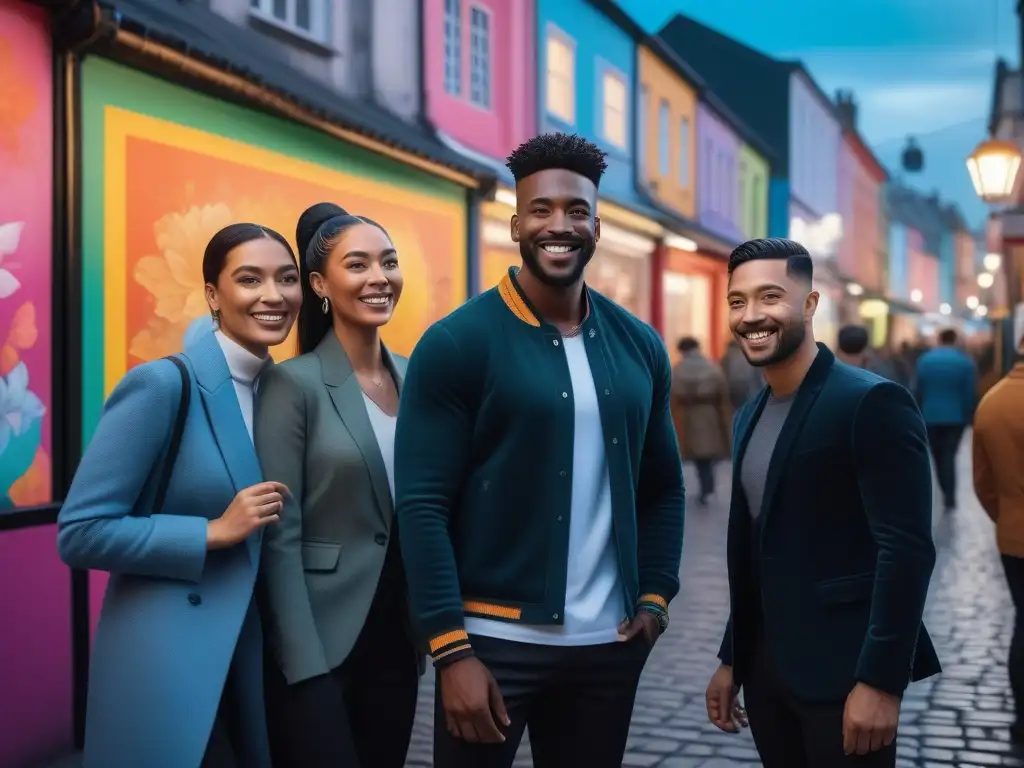 Comunidad diversa: unión y alegría en la plaza Una imagen detallada de un grupo diverso sonriendo y conectando en una plaza colorida