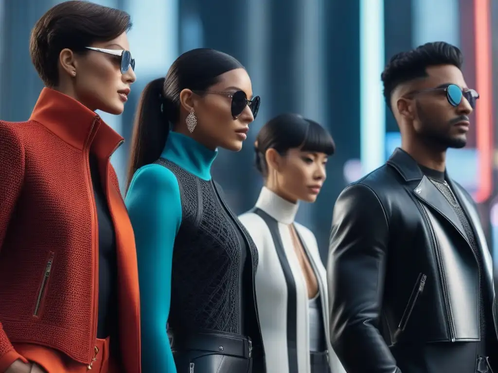 Grupo diverso con outfits personalizados y futuristas Una imagen detallada en 8k de un grupo diverso de personas mostrando su estilo único con ropa a medida para todos, fusionando moda y tecnología