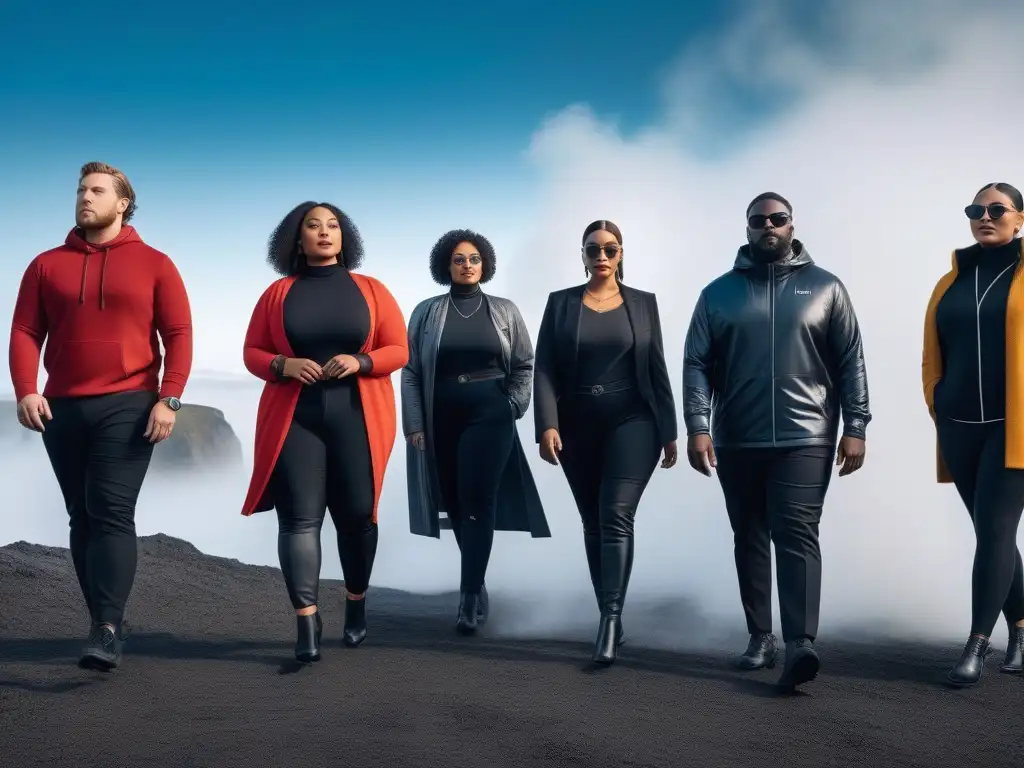 Revolución de moda inclusiva: wearables premium para todos Una imagen detallada de un grupo diverso luciendo moda inclusiva para todos los cuerpos en un entorno moderno y sofisticado