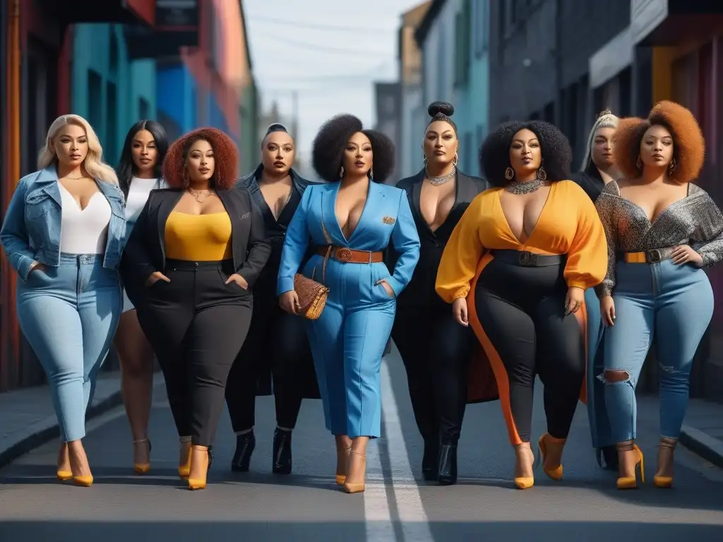 Moda inclusiva: Plussize con estilo en la ciudad Una imagen detallada de individuos seguros en moda plus size, variadas tallas y estilos, destacando inclusividad y empoderamiento