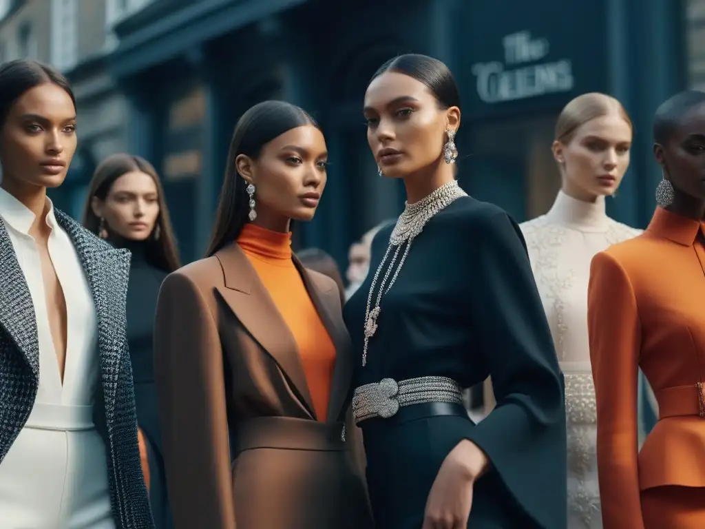 Alta moda inclusiva: Detalles Celine en grupo diverso Una imagen detallada y lujosa de un grupo diverso de modelos vistiendo atuendos de Celine en un entorno urbano de alta moda, reflejando la moda inclusiva y las tendencias modernas