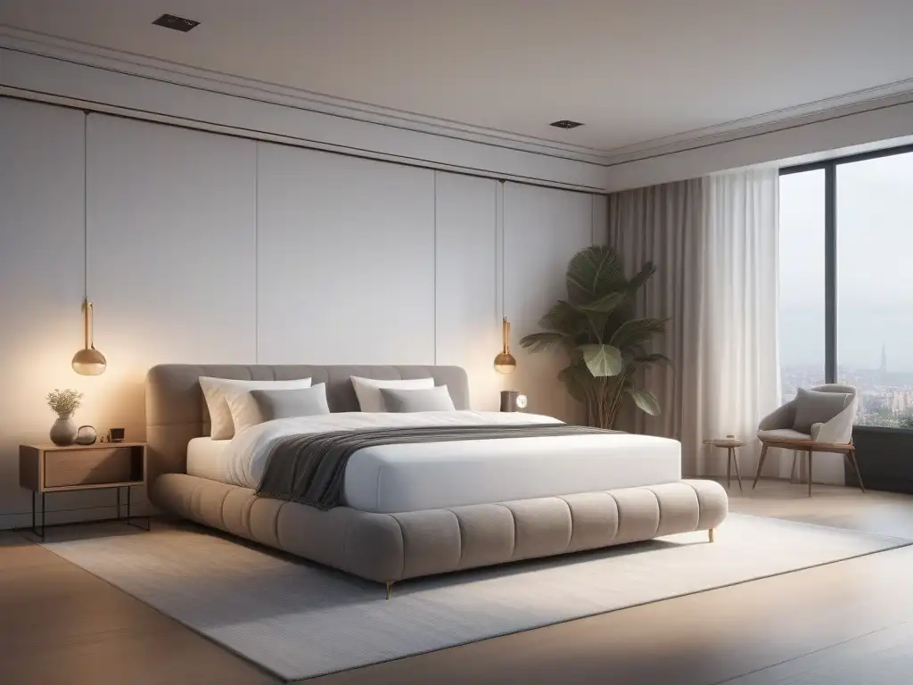 Suite de lujo con cama king size inteligente Imagen detallada de un lujoso dormitorio con cama tamaño king inteligente, tecnología sueño reparador