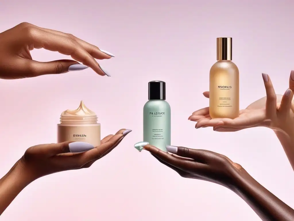 Manos diversas en belleza inclusiva Una imagen detallada de manos diversas sosteniendo productos de belleza sin género inclusivos en un salón elegante