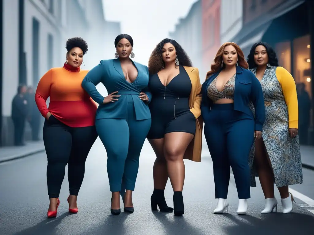 Moda inclusiva: Plussize con estilo y confianza Una imagen detallada de moda plus size con los mejores tejidos, mostrando diversidad, estilo y empoderamiento
