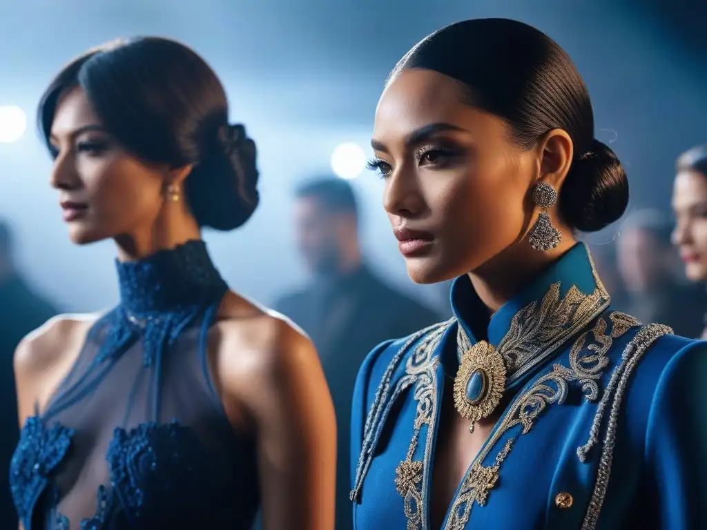 Desfile de moda: modelos de alta costura en diversidad cromática Una imagen detallada de modelos de alta moda con atuendos lujosos en paletas de colores que realzan sus tonos de piel