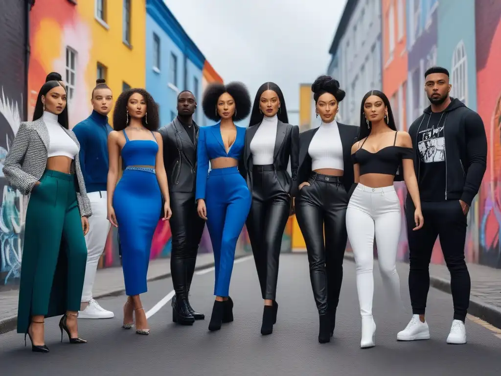 Moda inclusiva: diversidad de estilos y belleza Una imagen detallada de modelos diversos en atuendos modernos, posando con confianza en un escenario urbano colorido
