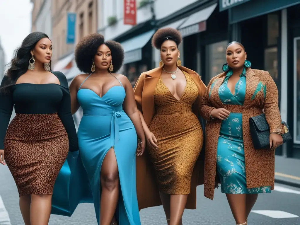 Moda plussize: diversidad y estilo en la ciudad Una imagen detallada de modelos de tallas especiales luciendo outfits trendy en la ciudad