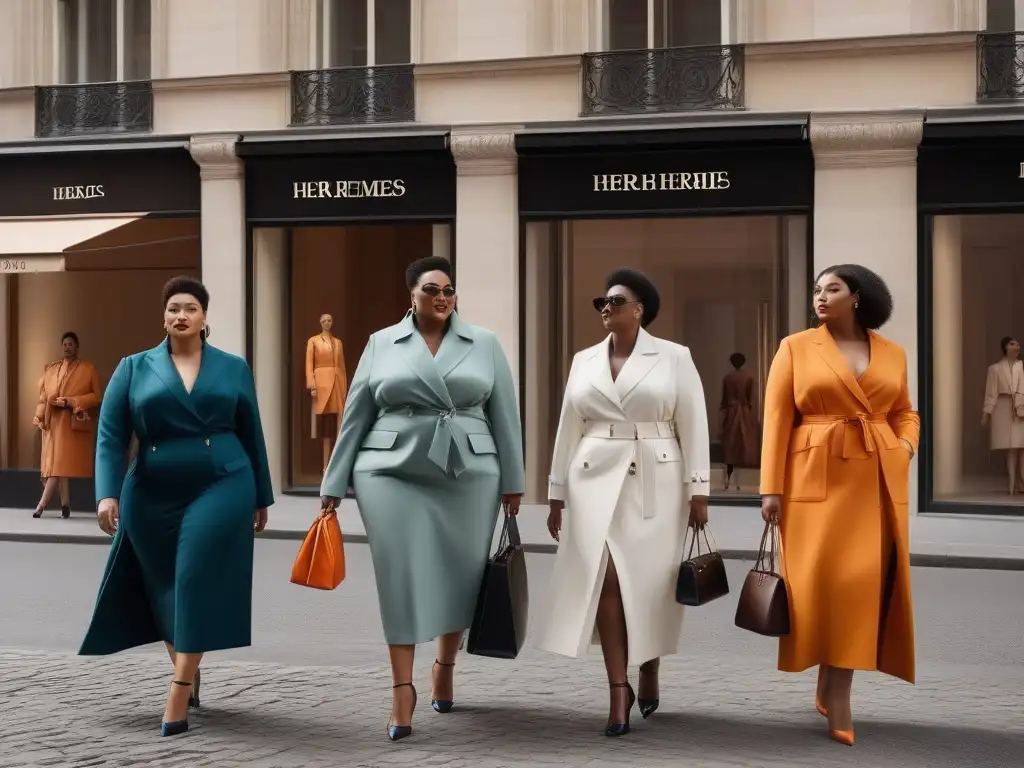 Modelos de tallas grandes luciendo Hermès: diversidad y elegancia Una imagen detallada de modelos de tallas grandes felices y seguros, vistiendo elegantes prendas de Hermès