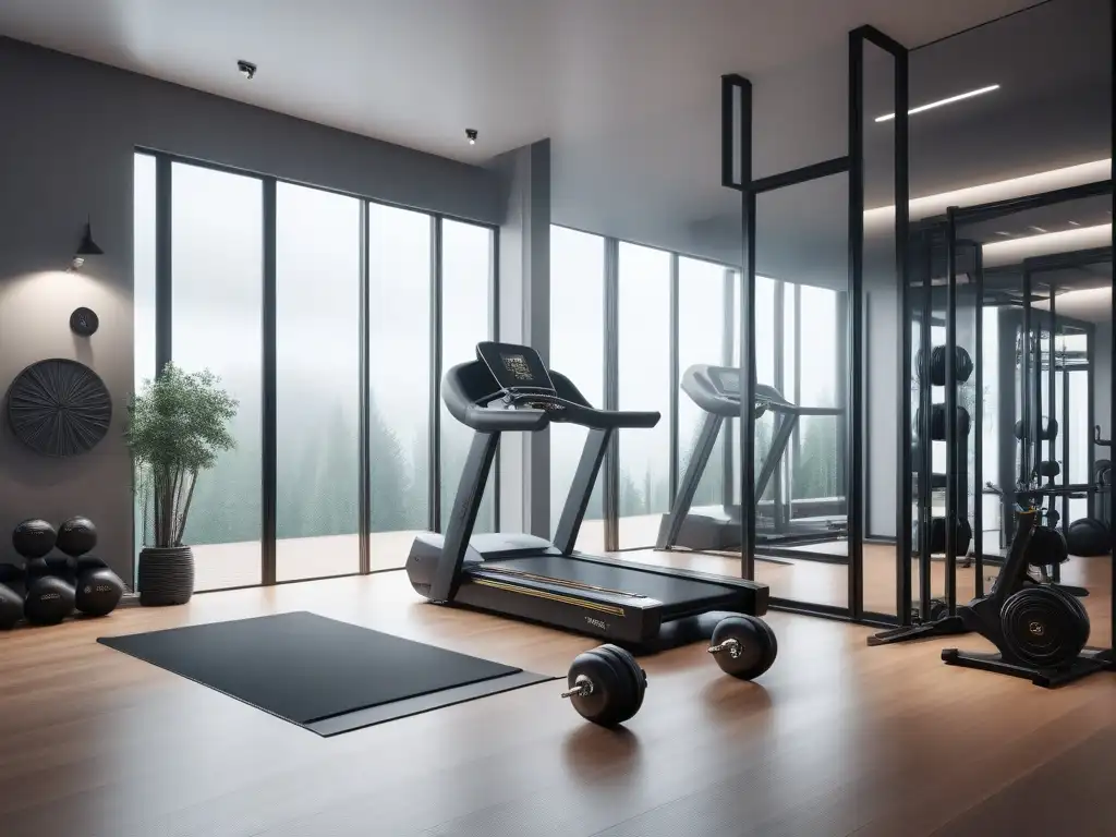Moderno gimnasio de lujo: diseño elegante con equipos top de línea Imagen detallada de un moderno diseño de gimnasio en casa con equipamiento de lujo