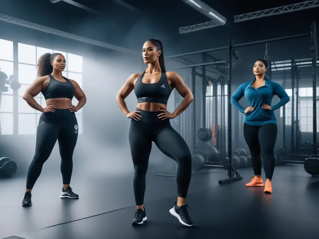Empoderamiento en diversidad: Mujeres activas en sportswear inclusivo Una imagen detallada de mujeres diversas, seguras y empoderadas, luciendo moda deportiva para todas las tallas en un gimnasio moderno y motivador