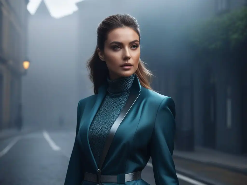 Traje futurista de alta tecnología en 8k Una imagen detallada en 8k de una persona con una elegante y futurista ropa tejidos adaptativos duraderos, en tonos sutiles y toques metálicos
