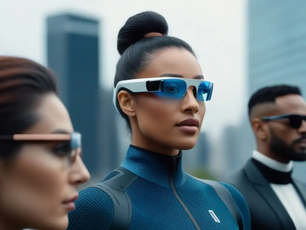 Innovación inclusiva: moda tecnológica en la ciudad del futuro Una imagen detallada de personas diversas usando tecnología inclusiva, con un fondo de ciudad futurista