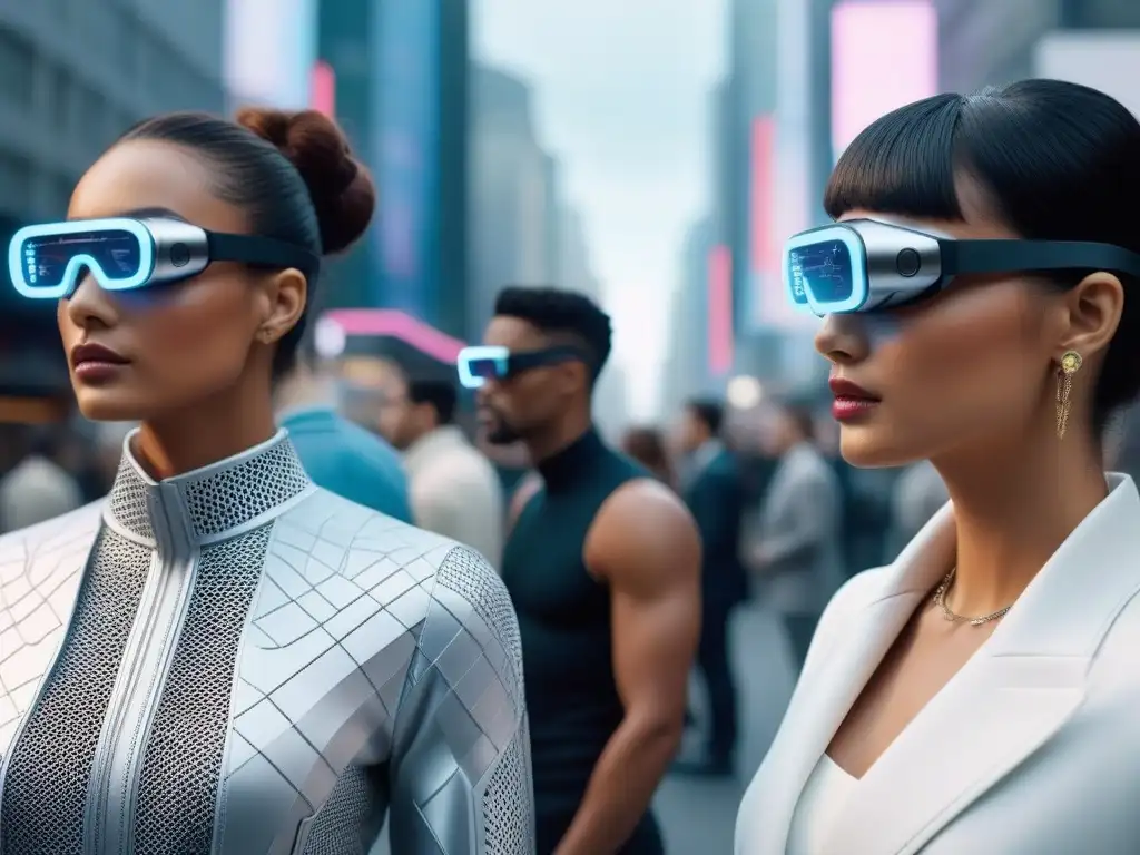 Moda virtual: diversidad y estilo con gafas de realidad aumentada Una imagen detallada de personas diversas con gafas de realidad aumentada, luciendo atuendos personalizados en una ciudad futurista