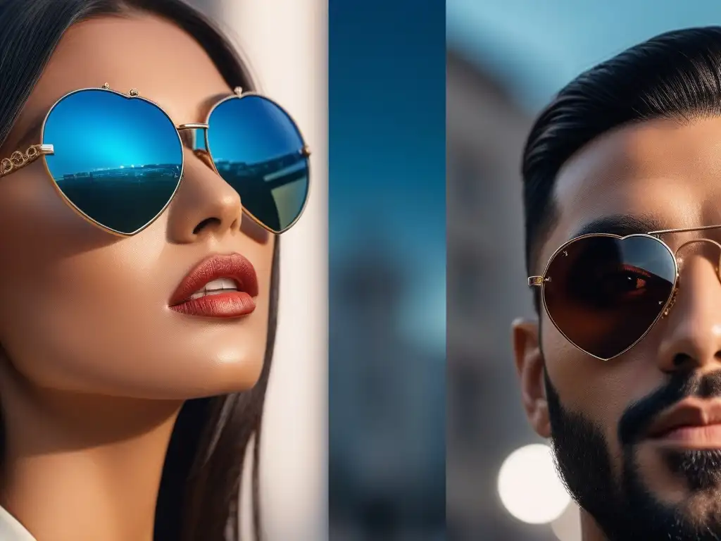 Variedad de rostros y lujosos lentes de sol: detalle ultradetallado Una imagen detallada de personas con diferentes formas de rostros luciendo gafas de sol de diseñador, perfectas para diferentes tipos de rostros