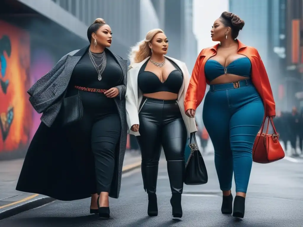 Desfile de moda plussize en la ciudad: diversidad y estilo Una imagen detallada de personas de tallas especiales con estilo único, caminando por la ciudad