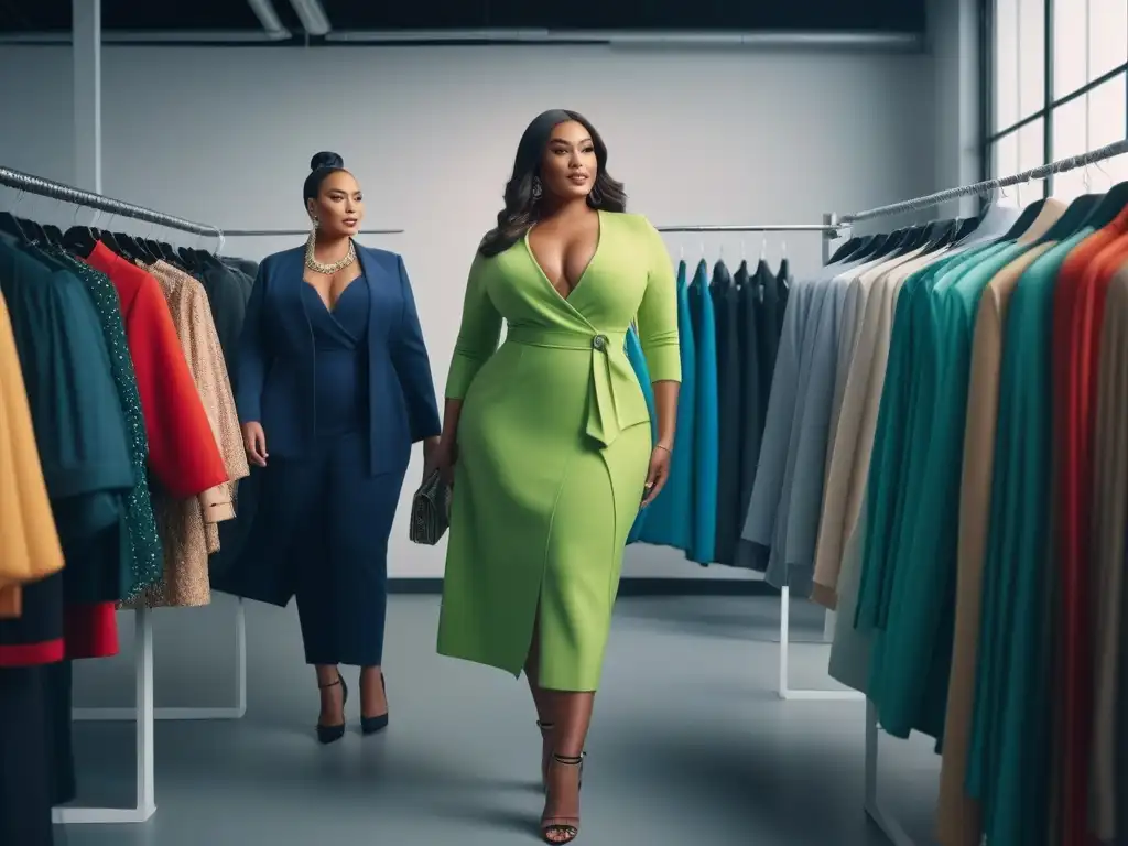 Moda inclusiva: plussize probando outfits chic en boutique Una imagen detallada de personas con tallas especiales probando ropa en una boutique, mostrando moda inclusiva y empoderamiento