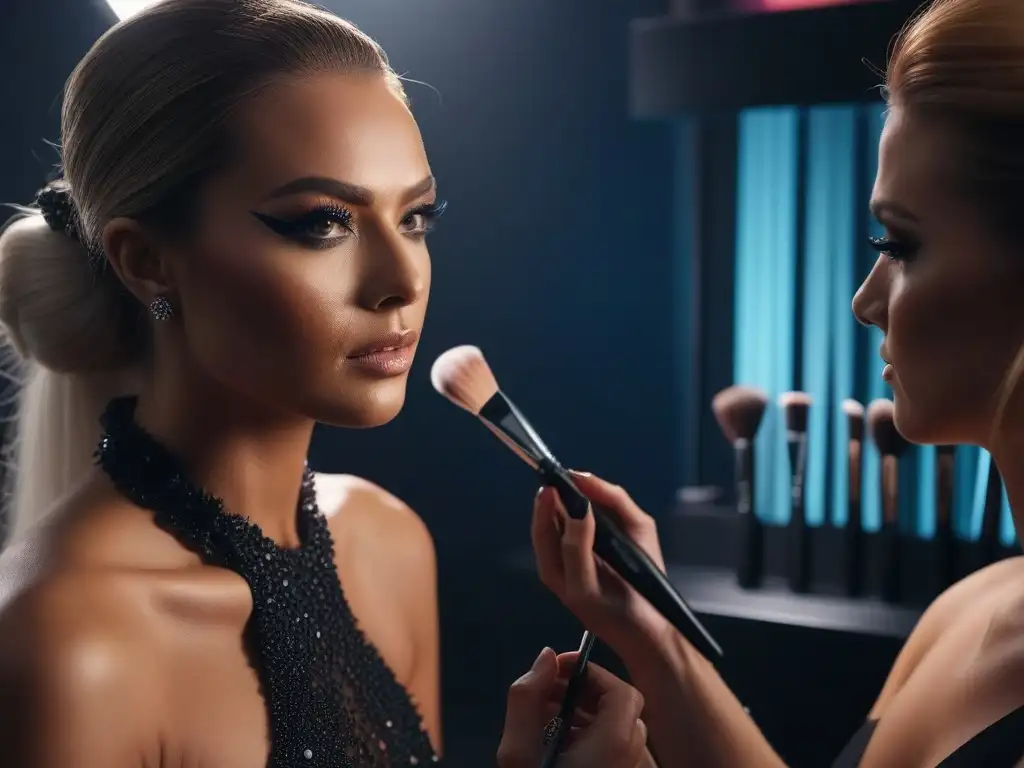 Explorando el mundo del maquillaje con emoción y concentración Una imagen detallada de principiantes con brochas maquillaje, mostrando emoción y concentración en un estudio de maquillaje moderno
