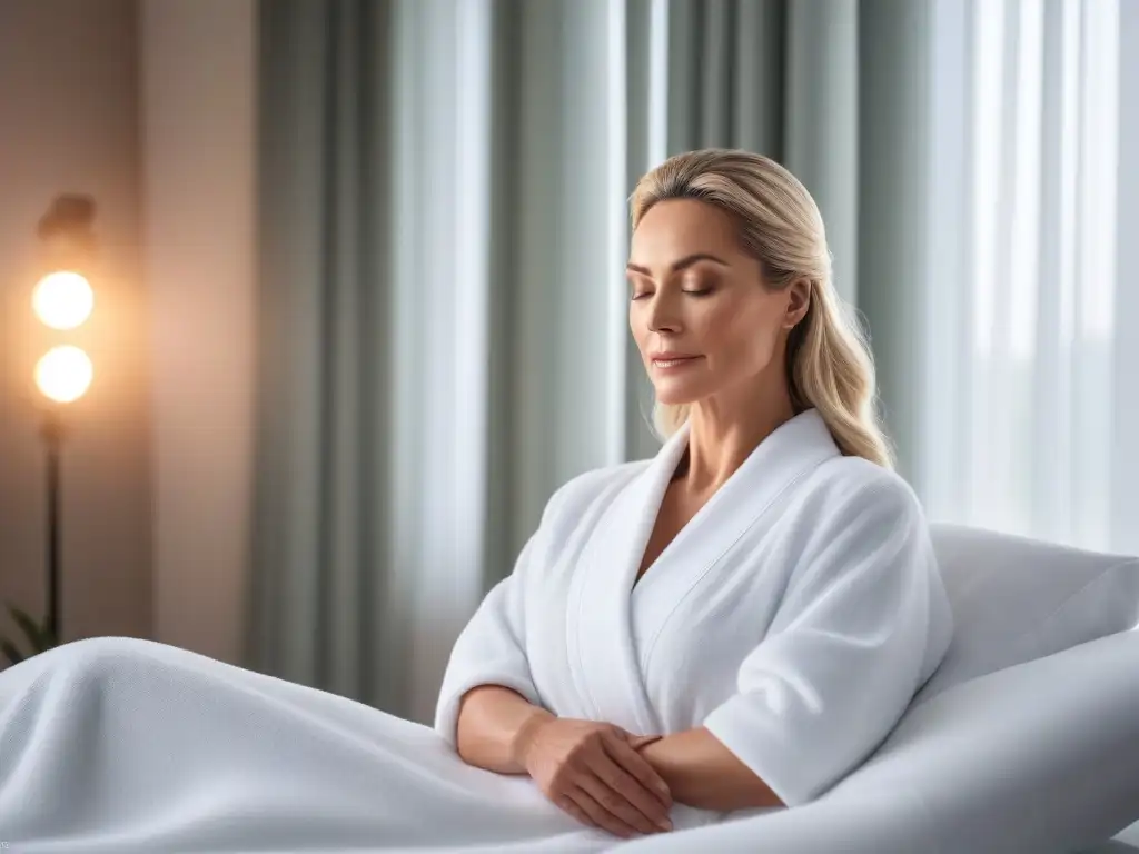 Tratamiento facial de lujo en spa: imagen detallada y relajante Una imagen detallada de un spa sereno con tratamiento facial de lujo para piel madura