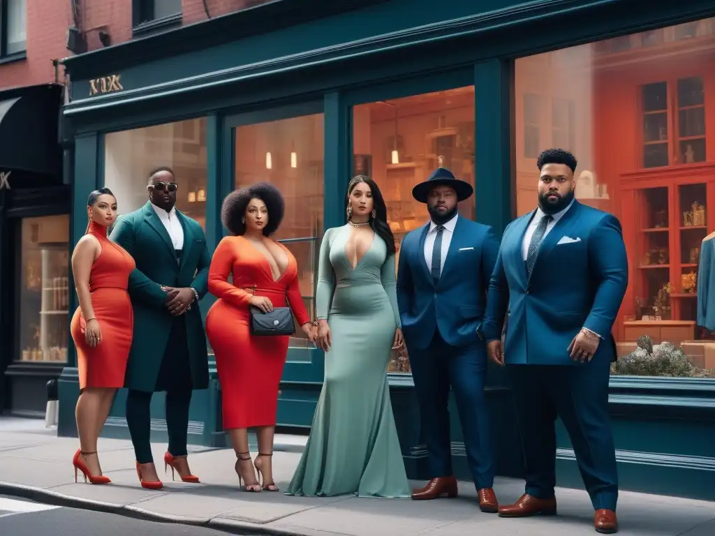 Moda inclusiva: diversidad de estilos en boutique de NYC Una imagen de diversidad en tiendas de ropa de NYC: personas de diferentes cuerpos y culturas posan con estilo frente a una boutique elegante