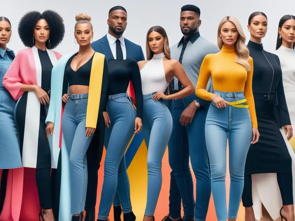 Medición precisa para compras online: moda para altos Una imagen elegante y moderna de personas altas midiendo con cintas de colores prendas de moda, ideal para 'Guía para medir moda tall'