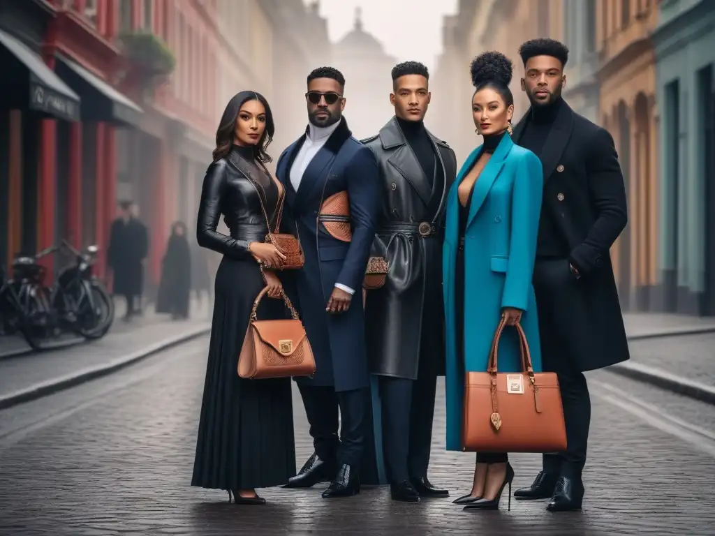 Estilo diverso con carteras de diseñador en ambiente urbano Una imagen elegante de personas diversas con accesorios de moda de alta gama, en un entorno urbano sofisticado