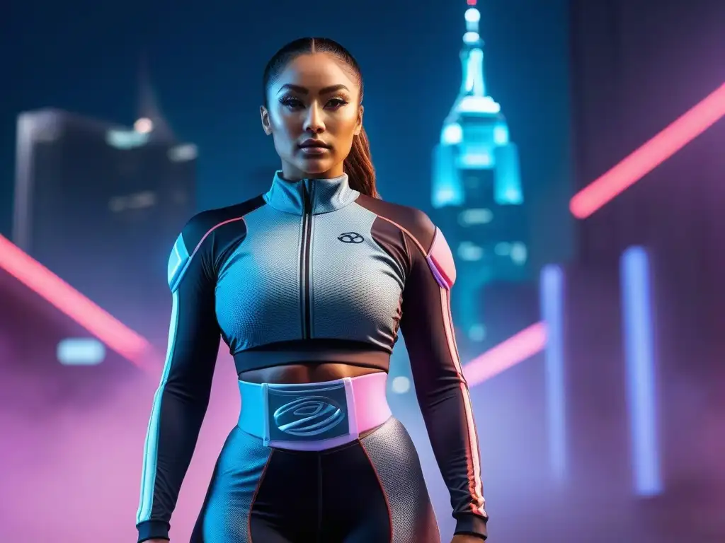 Deportistas inclusivos en escenario futurista Una imagen futurista de atletas diversos en moda deportiva inclusiva, en una ciudad iluminada con luces de neón