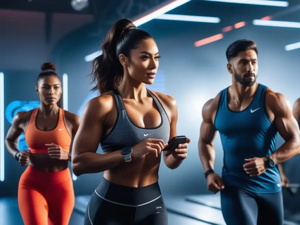 Grupo diverso en gym futurista: moda y tecnología fitness Una imagen futurista de wearables fitness estilo moda inclusiva con diversidad de personas en un gimnasio moderno y vibrante