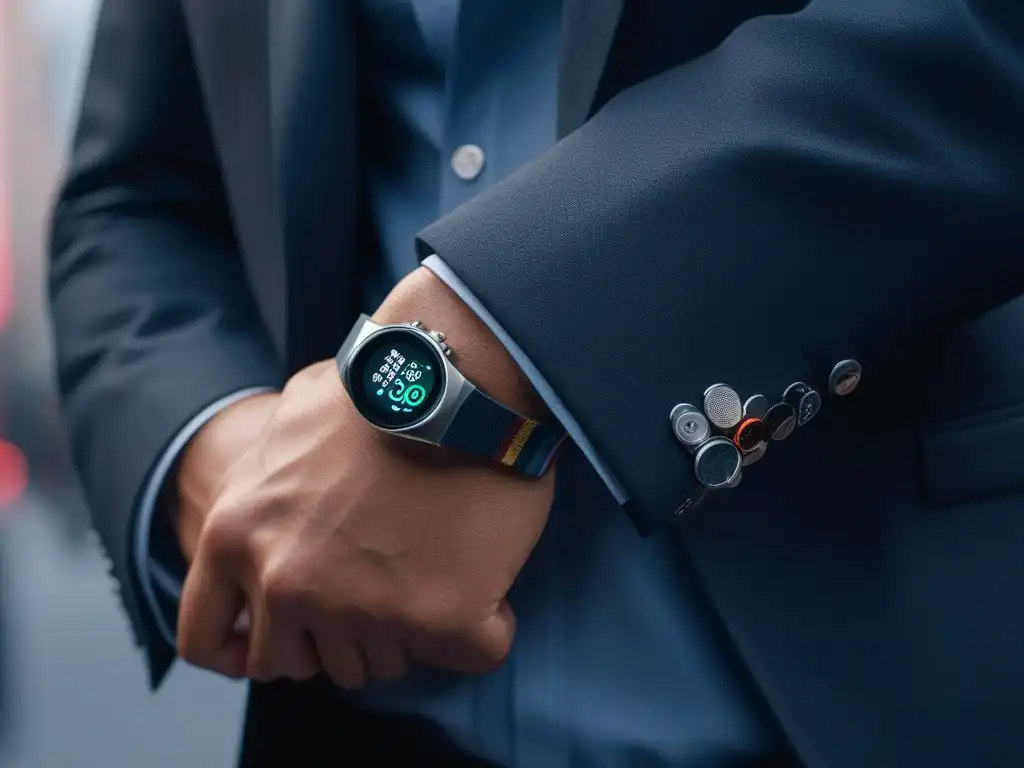 Moda futurista inclusiva con tecnología avanzada Una imagen futurista de moda inclusiva y wearables premium, con personas diversas luciendo accesorios tecnológicos en la ciudad