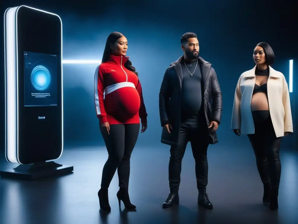 Moda futurista para embarazadas: diversidad y estilo tech-infundido Una imagen futurista de moda inclusiva para todos cuerpos con embarazadas de distintas etnias y estilos, luciendo prendas tecnológicas y vanguardistas