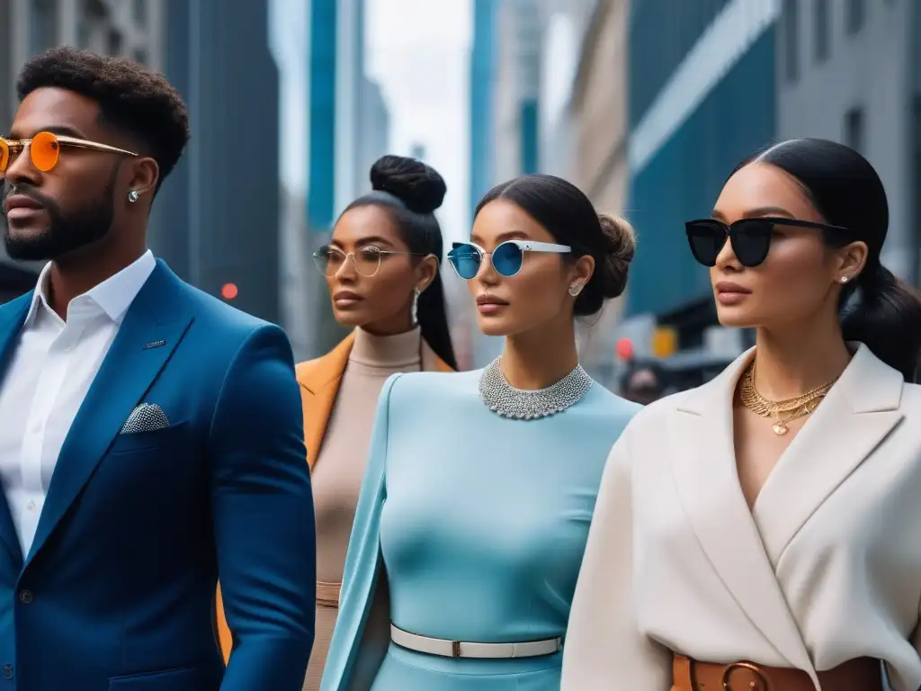 Moda tech futurista: estilo y diversidad en la ciudad Una imagen futurista de moda inclusiva y diversa con wearables premium en un entorno urbano avanzado